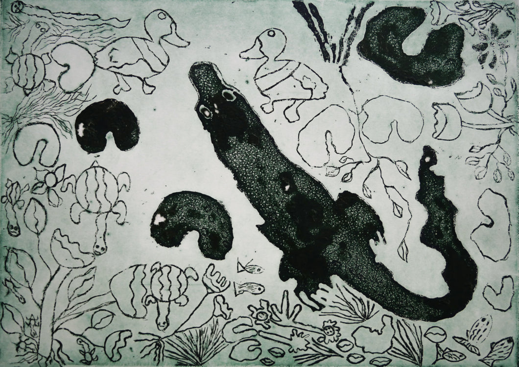Dorothy Edwards (Crocodile)'. Linocut print on paper, 15 x 25cm